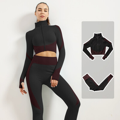 Femei Fitness Sport Yoga Costum fără cusături Yoga 2/3 buc Seturi Jachetă cu mânecă lungă cu fermoar Îmbrăcăminte de primăvară pentru gimnastică Set de haine pentru alergare