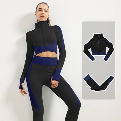 Femei Fitness Sport Yoga Costum fără cusături Yoga 2/3 buc Seturi Jachetă cu mânecă lungă cu fermoar Îmbrăcăminte de primăvară pentru gimnastică Set de haine pentru alergare