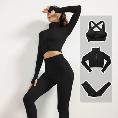 Femei Fitness Sport Yoga Costum fără cusături Yoga 2/3 buc Seturi Jachetă cu mânecă lungă cu fermoar Îmbrăcăminte de primăvară pentru gimnastică Set de haine pentru alergare