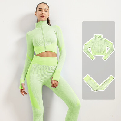 Femei Fitness Sport Yoga Costum fără cusături Yoga 2/3 buc Seturi Jachetă cu mânecă lungă cu fermoar Îmbrăcăminte de primăvară pentru gimnastică Set de haine pentru alergare