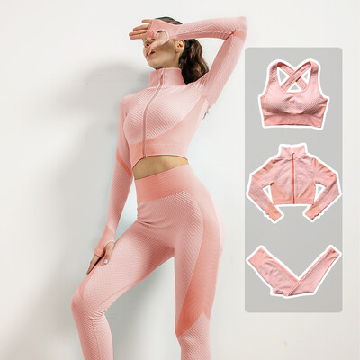 Femei Fitness Sport Yoga Costum fără cusături Yoga 2/3 buc Seturi Jachetă cu mânecă lungă cu fermoar Îmbrăcăminte de primăvară pentru gimnastică Set de haine pentru alergare