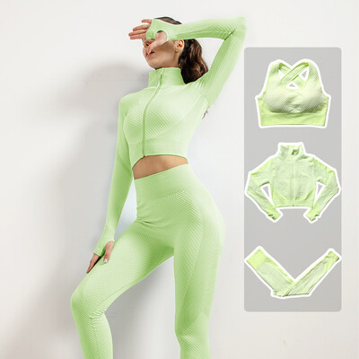 Femei Fitness Sport Yoga Costum fără cusături Yoga 2/3 buc Seturi Jachetă cu mânecă lungă cu fermoar Îmbrăcăminte de primăvară pentru gimnastică Set de haine pentru alergare