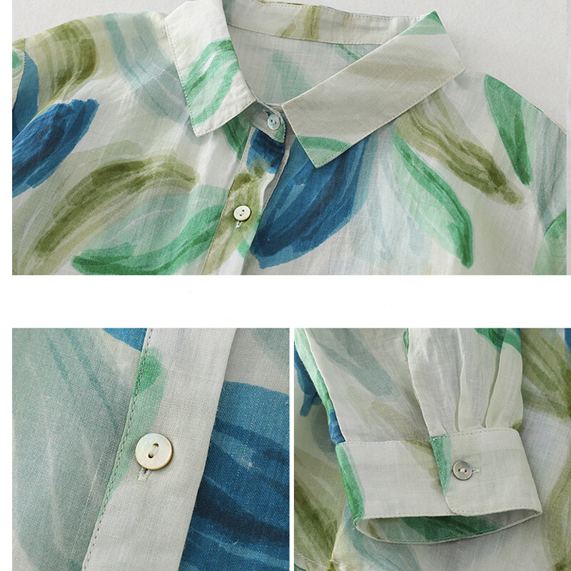 Plavo-zelena pamučna i lanena košulja dugih rukava s printom na rever ženska 2024 proljeće i jesen nova francuska mala svježa labava velika veličina