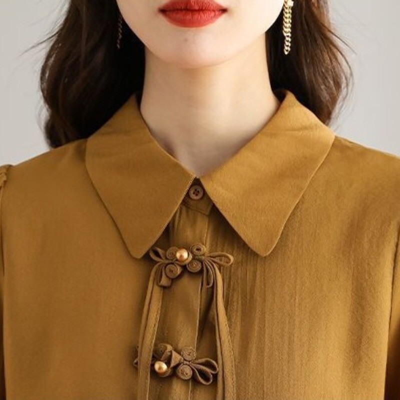 Modne jednobojne široke minimalističke majice dugih rukava u kineskom stilu za proljeće i jesen 2024., modne patchwork polo ovratnike s gumbima