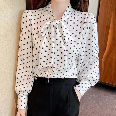 Täpiline lapiline vibupluus Kevadine uus pikkade varrukatega šifoontrükiga lahtised elegantsed särgi topid Mood vintage naiste riided