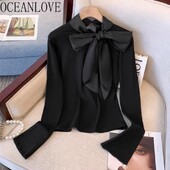 OCEANLOVE sügistalvisest fliisist naiste särgid ja pluusid Korea Mood Sweet Blusas Mujer Elegantne Lihtne Chic Big Bow Camisas