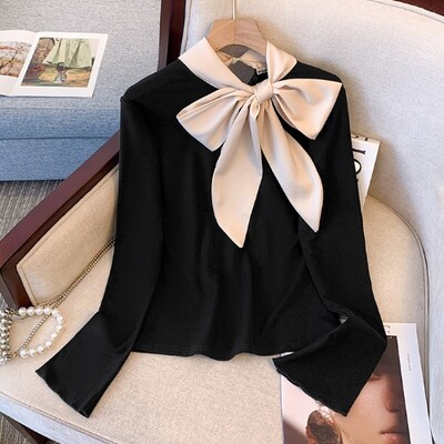 OCEANLOVE sügistalvisest fliisist naiste särgid ja pluusid Korea Mood Sweet Blusas Mujer Elegantne Lihtne Chic Big Bow Camisas