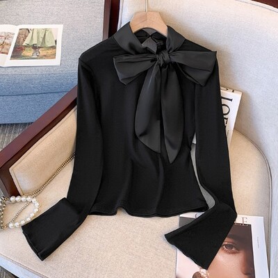 OCEANLOVE sügistalvisest fliisist naiste särgid ja pluusid Korea Mood Sweet Blusas Mujer Elegantne Lihtne Chic Big Bow Camisas