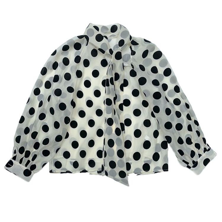 Kimotimo točkasta šifonska bluza s dugim rukavima, ženska 2024. Nova mašna s vezanim ovratnikom i prozirnim dizajnom, gornji dijelovi Elegantne široke košulje Ins