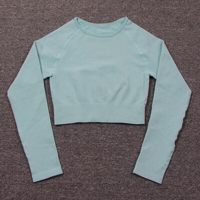 Set de yoga cu nervuri fără cusături Trening pentru femei Îmbrăcăminte sport Set de gimnastică Îmbrăcăminte de fitness Haine de antrenament Crop Top cu mânecă lungă Jambiere de yoga