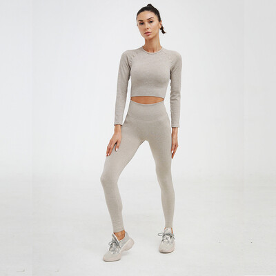 Set de yoga cu nervuri fără cusături Trening pentru femei Îmbrăcăminte sport Set de gimnastică Îmbrăcăminte de fitness Haine de antrenament Crop Top cu mânecă lungă Jambiere de yoga