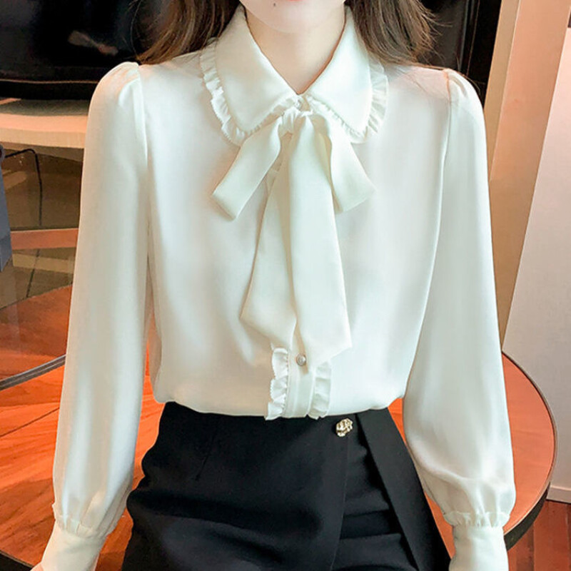 Bijela šifonska košulja s leptir mašnom Proljeće ljeto 2022. Korejska modna bluza Čipkana elegantna košulja dugih rukava za žensku ležernu odjeću