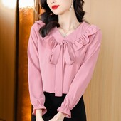 2023, primăvară, toamnă, nou elegant, fundă, culoare solidă, bluză cu mâneci lungi, pulover cu șireturi, cămașă subțire pentru femei