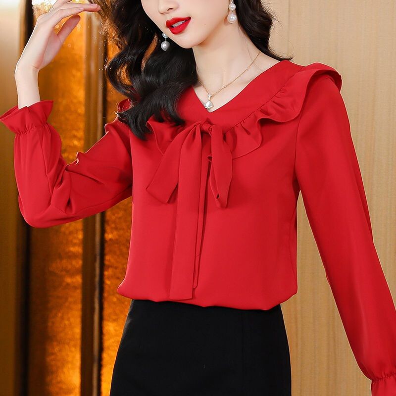 2023. Proljeće Jesen Nova elegantna mašna Jednobojna jednobojna bluza dugih rukava Ženski modni pulover na vezivanje Uska ženska košulja