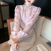 Cămăși cu fundă temperament pentru doamne, la modă, de culoare uni, cu gât roșu, cu mânecă lungă, bluză cu șireturi, tricou elegant de primăvară cu diamante.