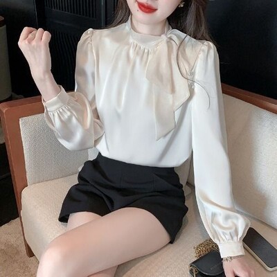 Cămăși cu fundă temperament pentru doamne, la modă, de culoare uni, cu gât roșu, cu mânecă lungă, bluză cu șireturi, tricou elegant de primăvară cu diamante.