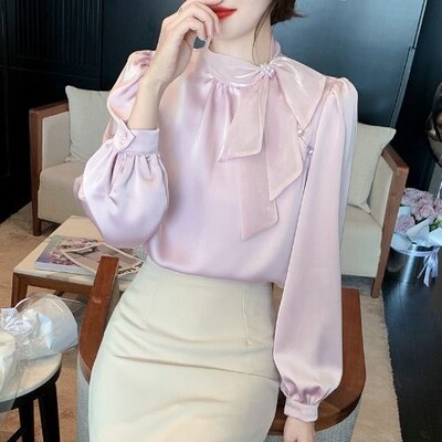 Cămăși cu fundă temperament pentru doamne, la modă, de culoare uni, cu gât roșu, cu mânecă lungă, bluză cu șireturi, tricou elegant de primăvară cu diamante.