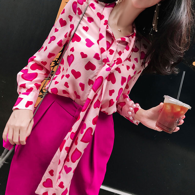 Ženske vintage šifonske bluze dugih rukava s printom srca Ženska leptir mašna Slatka košulja Ulična odjeća Topovi Camisas Mujer S-2XL