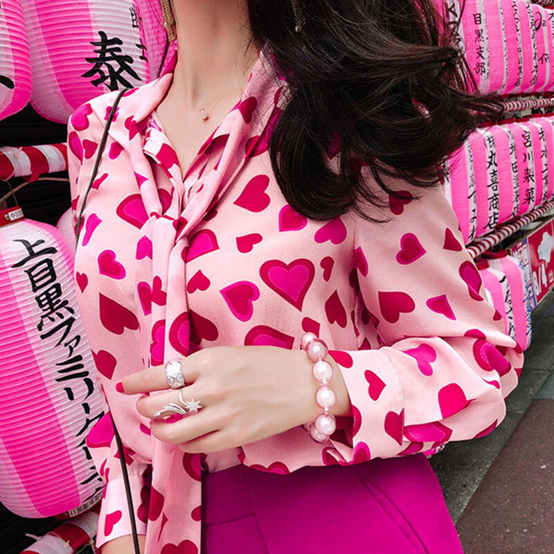 Ženske vintage šifonske bluze dugih rukava s printom srca Ženska leptir mašna Slatka košulja Ulična odjeća Topovi Camisas Mujer S-2XL