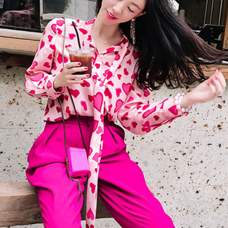 Ženske vintage šifonske bluze dugih rukava s printom srca Ženska leptir mašna Slatka košulja Ulična odjeća Topovi Camisas Mujer S-2XL