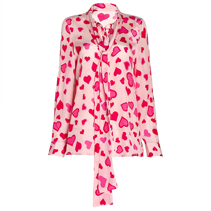 Ženske vintage šifonske bluze dugih rukava s printom srca Ženska leptir mašna Slatka košulja Ulična odjeća Topovi Camisas Mujer S-2XL