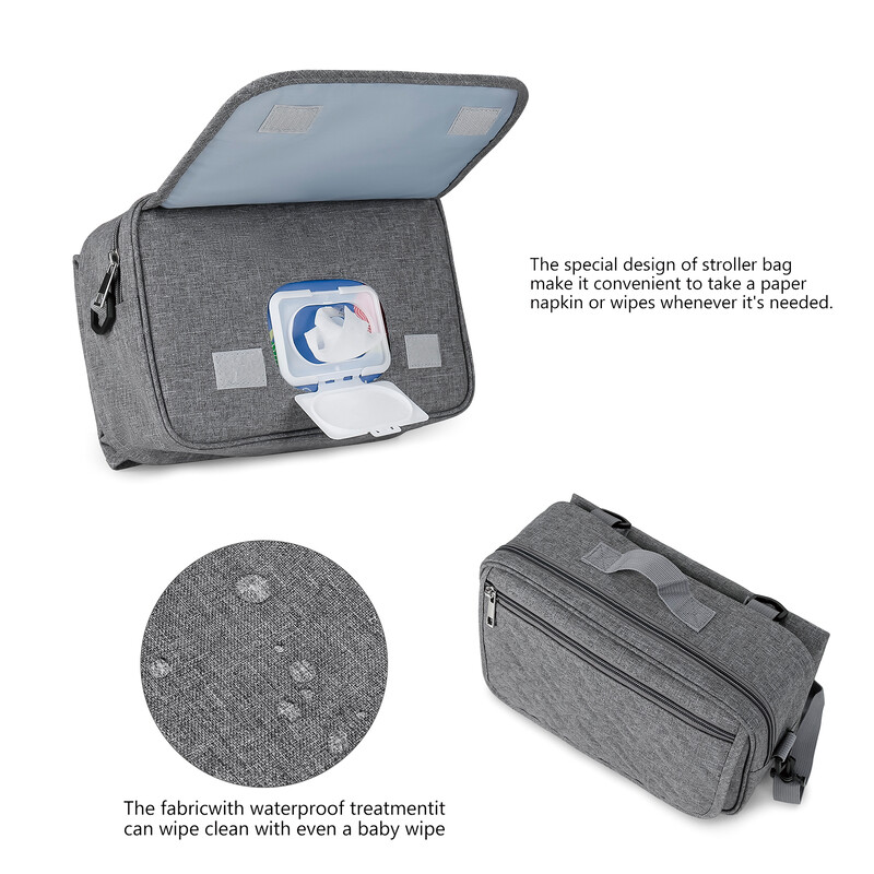 Mala torba za pelene Torba za kolica Organizator pelena Caddy za pelene s podlogom za presvlačenje, remenima za kolica i podesivim ramenom