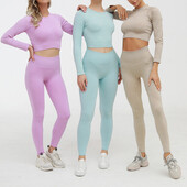 Set de 2/3 piese pentru femei Seturi de yoga fără cusături cu nervuri Haine de antrenament pentru femei cu talie înaltă Jambiere sportive Top cu mânecă lungă și sutien crop