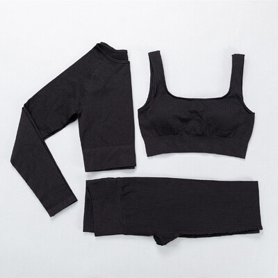 Set de 2/3 piese pentru femei Seturi de yoga fără cusături cu nervuri Haine de antrenament pentru femei cu talie înaltă Jambiere sportive Top cu mânecă lungă și sutien crop