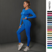 Seturi de 2 buc pentru femei, costume de gimnastică fără cusături, pantaloni sport Bubble Butt + cămăși cu mânecă lungă, seturi de alergare push up, treninguri, colanți