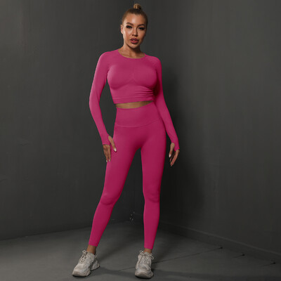 Seturi de 2 buc pentru femei, costume de gimnastică fără cusături, pantaloni sport Bubble Butt + cămăși cu mânecă lungă, seturi de alergare push up, treninguri, colanți