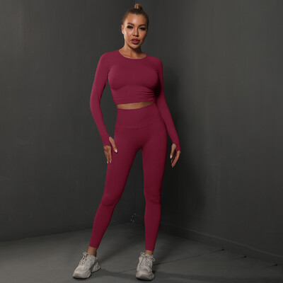 Seturi de 2 buc pentru femei, costume de gimnastică fără cusături, pantaloni sport Bubble Butt + cămăși cu mânecă lungă, seturi de alergare push up, treninguri, colanți