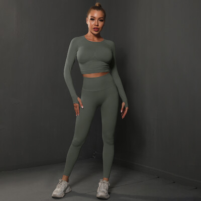 Seturi de 2 buc pentru femei, costume de gimnastică fără cusături, pantaloni sport Bubble Butt + cămăși cu mânecă lungă, seturi de alergare push up, treninguri, colanți