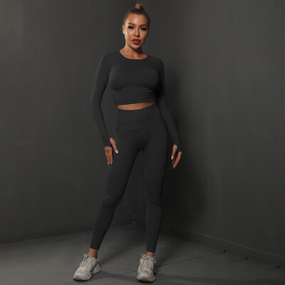 Seturi de 2 buc pentru femei, costume de gimnastică fără cusături, pantaloni sport Bubble Butt + cămăși cu mânecă lungă, seturi de alergare push up, treninguri, colanți