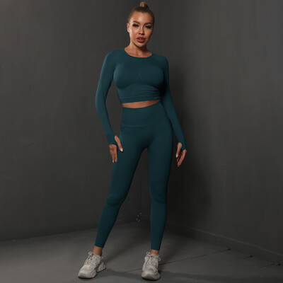 Seturi de 2 buc pentru femei, costume de gimnastică fără cusături, pantaloni sport Bubble Butt + cămăși cu mânecă lungă, seturi de alergare push up, treninguri, colanți
