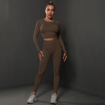 Seturi de 2 buc pentru femei, costume de gimnastică fără cusături, pantaloni sport Bubble Butt + cămăși cu mânecă lungă, seturi de alergare push up, treninguri, colanți