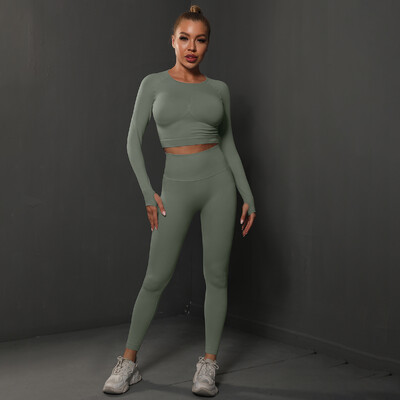 Seturi de 2 buc pentru femei, costume de gimnastică fără cusături, pantaloni sport Bubble Butt + cămăși cu mânecă lungă, seturi de alergare push up, treninguri, colanți