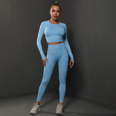Seturi de 2 buc pentru femei, costume de gimnastică fără cusături, pantaloni sport Bubble Butt + cămăși cu mânecă lungă, seturi de alergare push up, treninguri, colanți