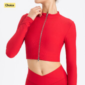 Jachetă de yoga cu nervuri pentru femei, cu fermoar în două direcții, crop tops, îmbrăcăminte sport, îmbrăcăminte sportivă elegantă, îmbrăcăminte de gimnastică, top de antrenament strâns