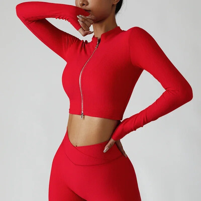 Jachetă de yoga cu nervuri pentru femei, cu fermoar în două direcții, crop tops, îmbrăcăminte sport, îmbrăcăminte sportivă elegantă, îmbrăcăminte de gimnastică, top de antrenament strâns