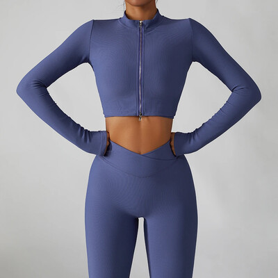 Jachetă de yoga cu nervuri pentru femei, cu fermoar în două direcții, crop tops, îmbrăcăminte sport, îmbrăcăminte sportivă elegantă, îmbrăcăminte de gimnastică, top de antrenament strâns