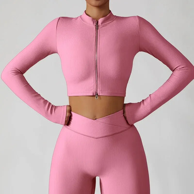 Jachetă de yoga cu nervuri pentru femei, cu fermoar în două direcții, crop tops, îmbrăcăminte sport, îmbrăcăminte sportivă elegantă, îmbrăcăminte de gimnastică, top de antrenament strâns