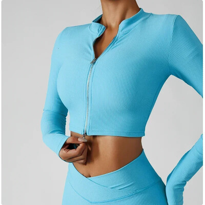 Jachetă de yoga cu nervuri pentru femei, cu fermoar în două direcții, crop tops, îmbrăcăminte sport, îmbrăcăminte sportivă elegantă, îmbrăcăminte de gimnastică, top de antrenament strâns
