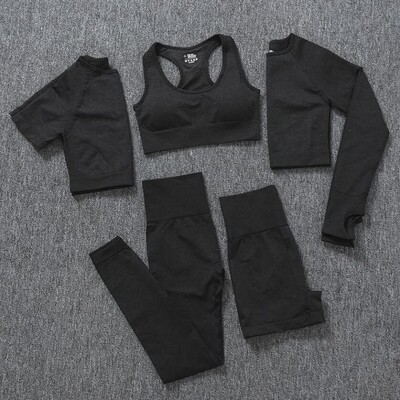 2/3/5 buc. Costume sportive pentru femei fără sudură Set de yoga Îmbrăcăminte sportivă de antrenament Îmbrăcăminte de gimnastică Fitness Top cu mânecă lungă Leggings cu talie înaltă