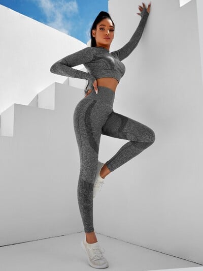 Costum pentru yoga de toamnă și iarnă cu mâneci lungi, ridicare șold cu talie înaltă, micșorare a abdomenului, transpirație și uscare rapidă, îmbrăcăminte sport pentru femei