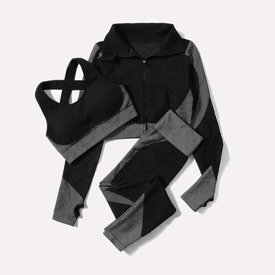 2/3 tk Naiste joogaülikond Õmblusteta silmkoelised joogapüksid Retuusid Riietus Tõmblukk Pikad varrukad Crop Top Fitness Wear Spordirõivad Jõusaalikomplekt
