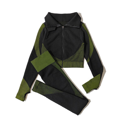 2/3 tk Naiste joogaülikond Õmblusteta silmkoelised joogapüksid Retuusid Riietus Tõmblukk Pikad varrukad Crop Top Fitness Wear Spordirõivad Jõusaalikomplekt