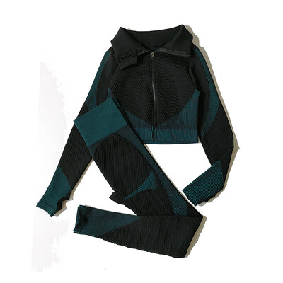 2/3 tk Naiste joogaülikond Õmblusteta silmkoelised joogapüksid Retuusid Riietus Tõmblukk Pikad varrukad Crop Top Fitness Wear Spordirõivad Jõusaalikomplekt