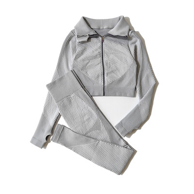 2/3 tk Naiste joogaülikond Õmblusteta silmkoelised joogapüksid Retuusid Riietus Tõmblukk Pikad varrukad Crop Top Fitness Wear Spordirõivad Jõusaalikomplekt