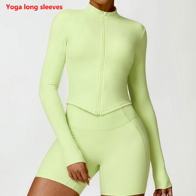 Naiste spordidressi tõmblukuga jakk Slim Fit pikkade varrukatega fitnessmantel Jooga Crop Tops Jõusaali Push Up jakk Jooksu trenni dressipluusid