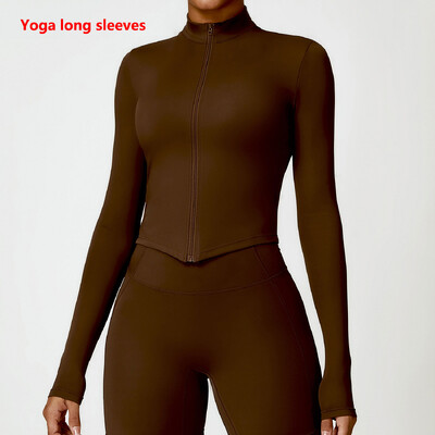 Naiste spordidressi tõmblukuga jakk Slim Fit pikkade varrukatega fitnessmantel Jooga Crop Tops Jõusaali Push Up jakk Jooksu trenni dressipluusid
